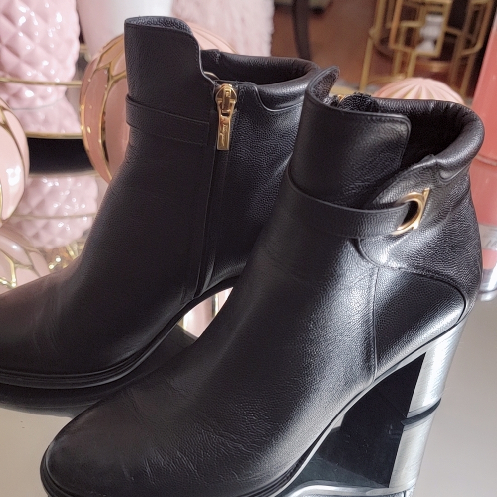 Salvatore Ferragamo Florian Black Ankle Booties with Gold Buckle Used Once.